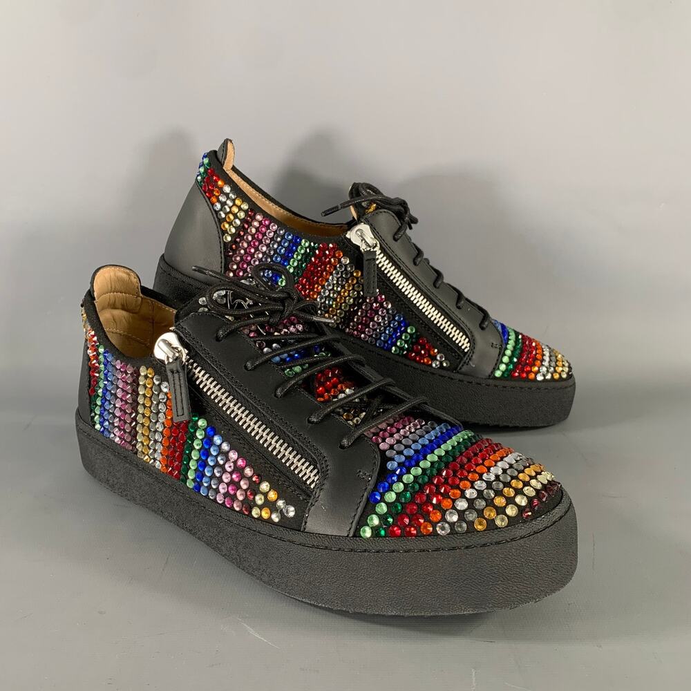 GIUSEPPE ZANOTTI Size 13 Black Multi Color Studded Mixed Fabrics Zip Sneakers